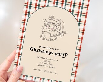 Peut inclure: Invitation de fête de Noël avec une illustration vintage du Père Noël. L'invitation présente une bordure à carreaux rouges, verts et crème. Le texte indique "please join us for a Christmas party" avec les détails de l'événement.