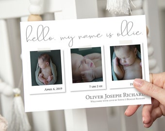 May include: A white card with the text "hello, my name is ollie."  Three photos of a newborn baby are displayed on the card. The photos are labeled with the dates "April 6, 2019", "7 lbs 2 oz", and "21". The text "Oliver Joseph Richard" is displayed below the photos, along with the text "Welcomed with love by Steve & Reagan Richard".