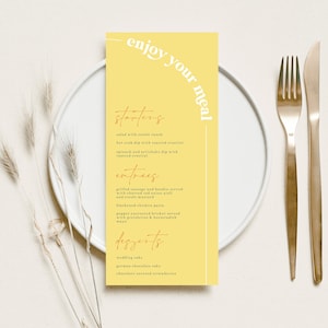 Menu de mariage rétro jaune coloré amusant | | de téléchargement instantané imprimable Modèle modifiable