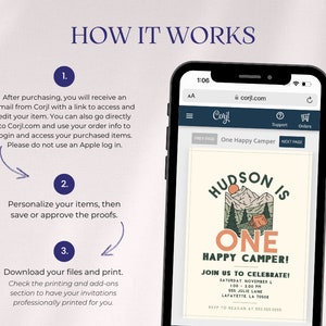 May include: A mobile phone screen displaying a website with a birthday invitation for a one-year-old boy named Hudson. The invitation features a cartoon illustration of a tent in a forest with mountains in the background. The text reads "Hudson is One Happy Camper!" and includes details about the party, including the date, time, and location.