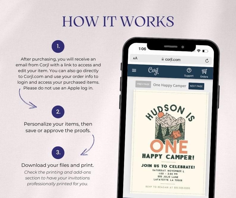 May include: A mobile phone screen displaying a website with a birthday invitation for a one-year-old boy named Hudson. The invitation features a cartoon illustration of a tent in a forest with mountains in the background. The text reads "Hudson is One Happy Camper!" and includes details about the party, including the date, time, and location.