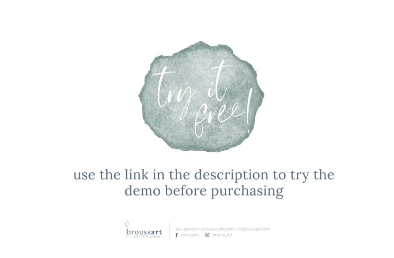 May include: A watercolor-style graphic with a light blue background and white text that reads "try it free!"  Use the link in the description to try the demo before purchasing.
