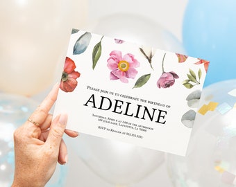 May include: A white invitation card with watercolour floral illustrations in shades of pink, red, and blue. The text on the card reads "Please join us to celebrate the birthday of Adeline. Saturday, April 6 at 2:00 in the afternoon. 109 Julie Lane, Lafayette, LA 70508. RSVP to Reagan at 555.555.5555."