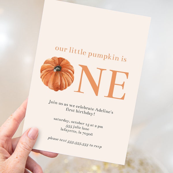 Simple Pumpkin First Birthday Invitation | Autumn Fall Girl Party Invite | Printable Instant Download | Editable Download