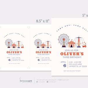 May include: A carnival-themed birthday invitation for Oliver's third birthday. The invitation features a Ferris wheel, a tent, and a carousel. The text on the invitation reads "Come one! Come all! Join us for Oliver's Third Birthday! April 6, 2:00-4:00 PM, 555 Julie Lane, Lafayette, LA 70508. Text 555-555-5555 to RSVP."