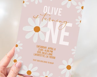 Retro Daisy First Birthday Party Invitations | Printable Instant Download | Editable Template