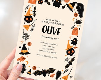 May include: A Halloween party invitation with a black and orange color scheme. The invitation features a spooky illustration of a skull, bats, ghosts, and other Halloween imagery. The text on the invitation reads "Join us for a spooky celebration Olive is turning six! Saturday, October 6, 2:00-4:00 pm, 555 Julie Lane, Lafayette, LA 70508, text 555-555-5555 to RSVP."