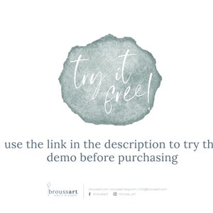 May include: A watercolor-style graphic with a light blue background and white text that reads "try it free!"  Use the link in the description to try the demo before purchasing.