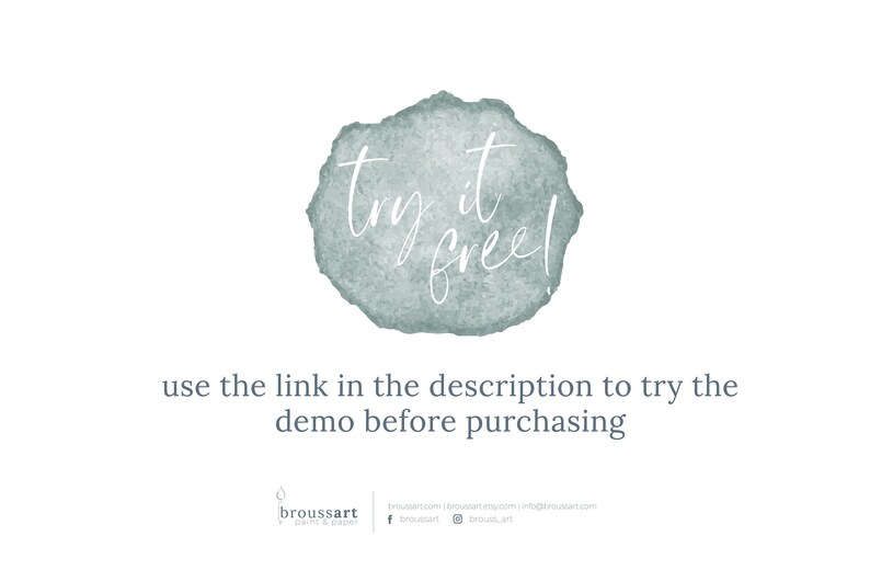 May include: A watercolor-style graphic with a light blue background and white text that reads "try it free!"  Use the link in the description to try the demo before purchasing.