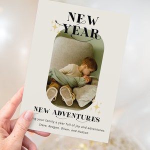 Tarjeta fotográfica familiar de Año Nuevo / Nuevas aventuras de Año Nuevo / Bebé / Descarga instantánea imprimible / Plantilla editable