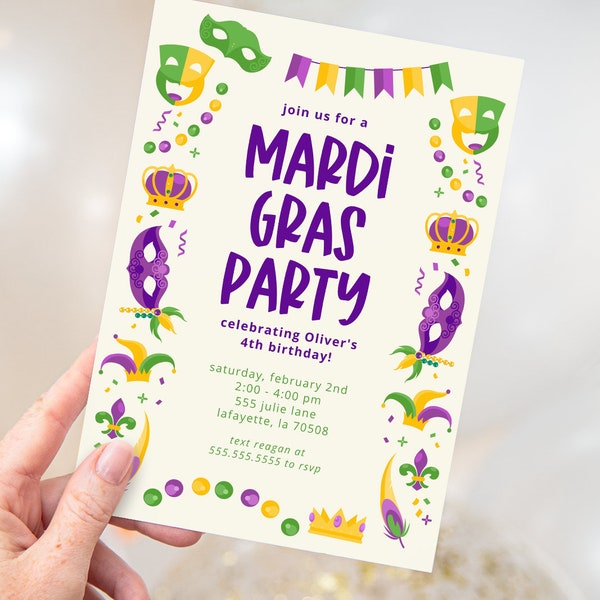 Invitation de fête d'anniversaire de mardi gras | Imprimable à téléchargement immédiat | Modèle modifiable