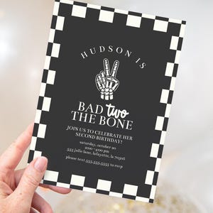 Bad TWO the Bone Checkered Halloween Birthday Party Invitation with a fun, spooky design with checkered patterns. Printable instant download with an editable template for easy customization. Perfect for a Halloween-themed 2nd birthday celebration.