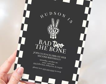 Bad TWO the Bone Checkered Halloween Birthday Party Invitation | Printable Instant Download | Editable Template