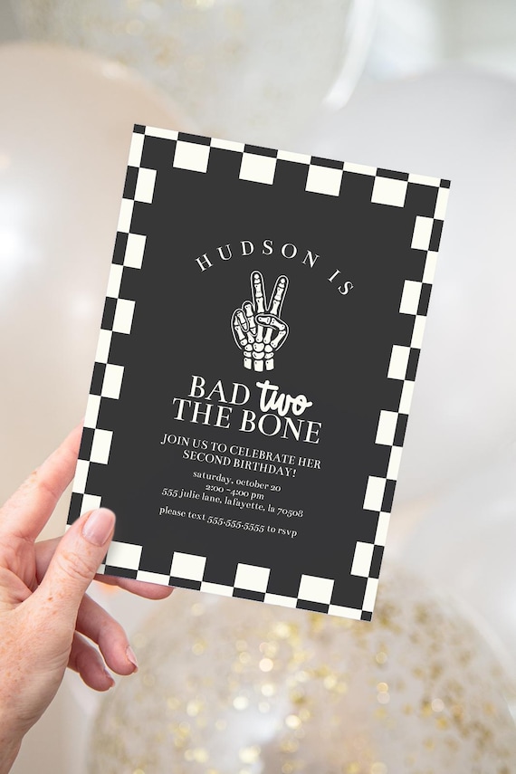 Bad TWO the Bone Checkered Halloween Birthday Party Invitation | Printable Instant Download | Editable Template