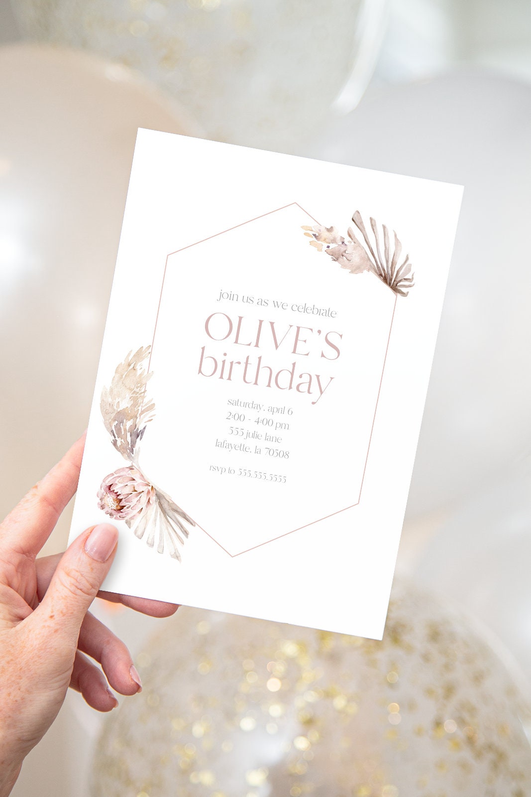 Simple Boho Birthday Invitations Watercolor Palm Leaves Pampas Grass Printable Instant Download Editable Template