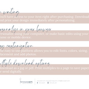 May include: A graphic with four text boxes, each with a different benefit of using a digital design platform. The text boxes are labeled "no waiting", "personalize in your browser", "easy customization", and "multiple download options".