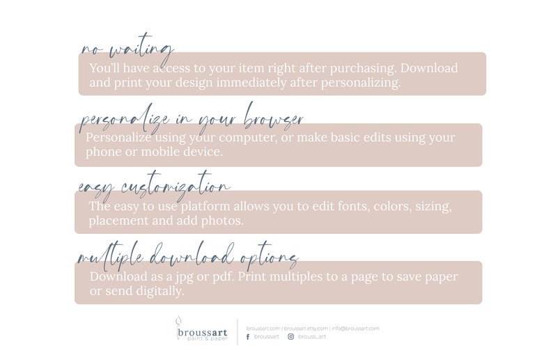 May include: A graphic with four text boxes, each with a different benefit of using a digital design platform. The text boxes are labeled "no waiting", "personalize in your browser", "easy customization", and "multiple download options".