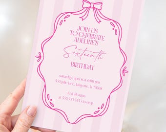May include: A rectangular birthday invitation card featuring a light pink and white vertical striped background. A hot pink decorative frame with a bow at the top contains the text: JOIN US TO CELEBRATE ADELINE'S Sixteenth BIRTHDAY, saturday, april 6 at 6:00 pm, 555 julie lane, lafayette, la 70508, text Reagan at 555.555.5555 to rsvp.