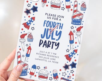 May include: A Fourth of July party invitation with red, white, and blue illustrations of a hot dog, ice cream, burger, and fireworks. The invitation reads "Please join us for a Fourth of July Party" with the date, time, and address.