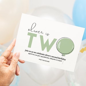 Second Birthday Party Invitation | Green Balloon Two Party Invite | Printable Instant Download