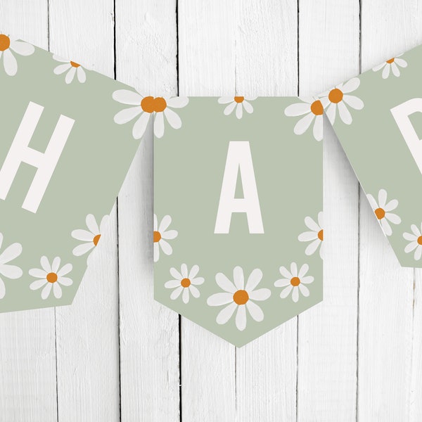 Retro Daisy Happy Birthday Banner | Instant Download | Printable Bunting | Editable Template | Party Decorations