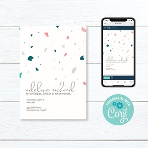 May include: A digital invitation with a terrazzo pattern background. The invitation is for Adeline Richard's 21st birthday party. The text reads "Adeline Richard is turning 21. Join us as we celebrate. Saturday, April 6, 8:00 pm, 555 Julie Lane, Lafayette, LA 70508".