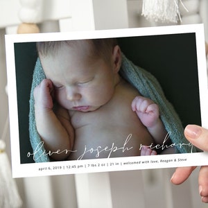 Birth Announcement Cards with Photo | Printable Script Name Stats with Newborn Picture | Download Template