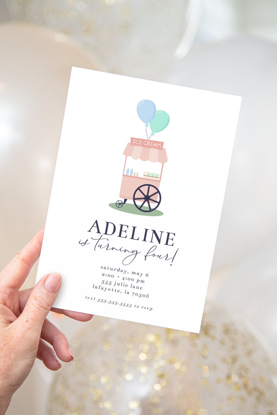Ice Cream Cart Birthday Party Invitation Simple Minimalist Etsy