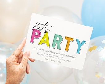 Fun Colorful "Let's Party" Birthday Party Invitations | Printable Instant Download | Editable Template