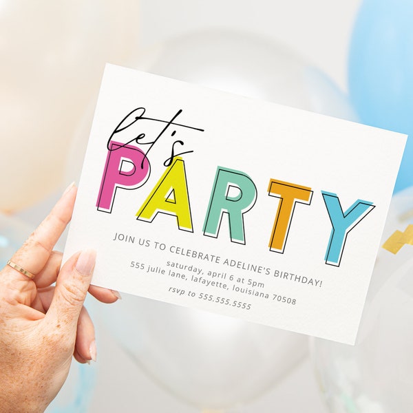 Fun Colorful "Let's Party" Birthday Party Invitations | Printable Instant Download | Editable Template