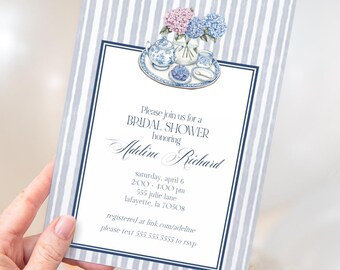 May include: A bridal shower invitation with a blue and white striped background. The invitation features a floral illustration and text that reads "Please join us for a BRIDAL SHOWER honoring Adeline Richard."
