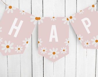 Retro Daisy Happy Birthday Banner | Instant Download | Printable Bunting | Editable Template | Party Decorations