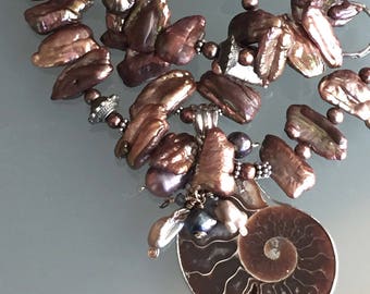 Sylvanna - Ammonite, Freshwater Pearls, Tibetan beads, sterling clasp. OOAK