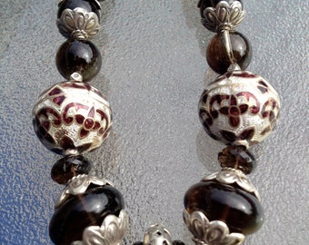 Sarah - Smokey Quartz necklace with vintage silver Indian inlay beads, Hill tribe silver and sterling silver beads. OOAK