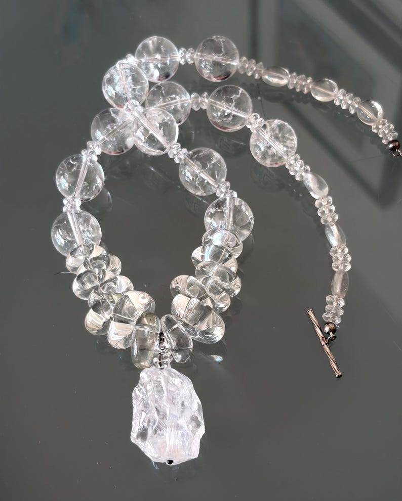 Rosalynn - Rock Crystal necklace with artisan glass beads, sterling silver clasp. Necklace and earrings. image 8