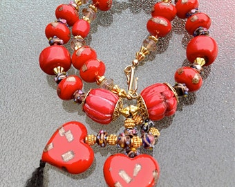 Valentina - Czech, handmade bead necklace, with Vintage coral, 24k gold pressed glass beads. OOAK