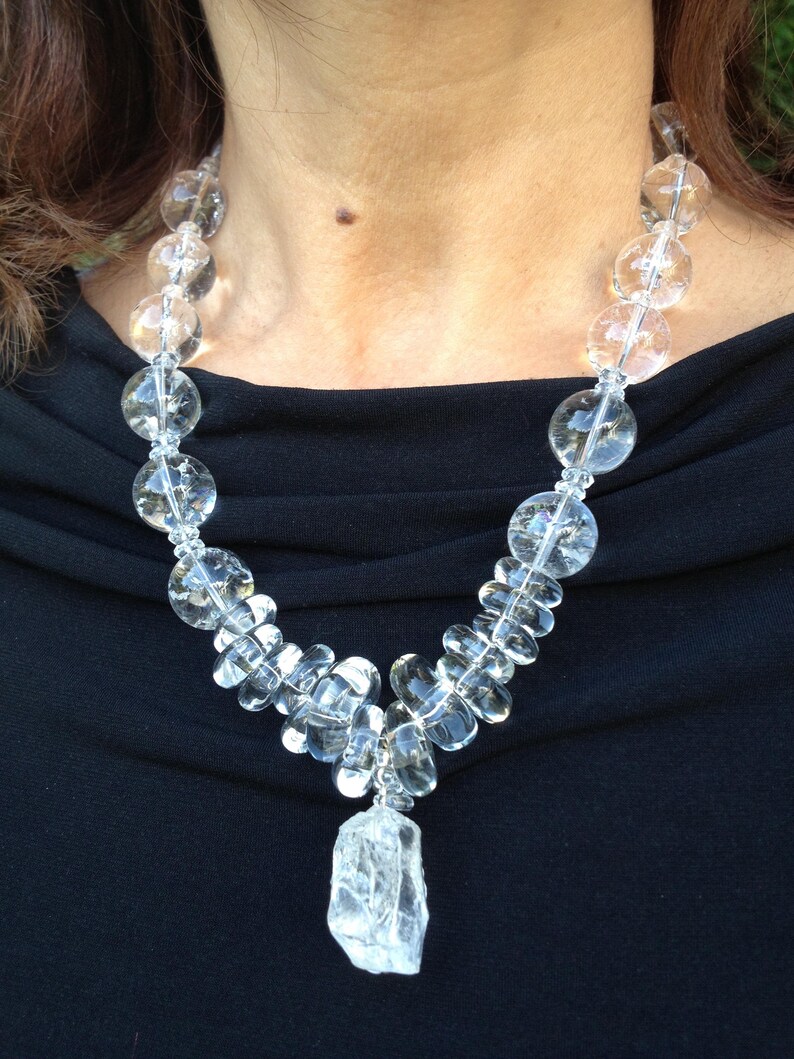 Rosalynn - Rock Crystal necklace with artisan glass beads, sterling silver clasp. Necklace and earrings. image 10