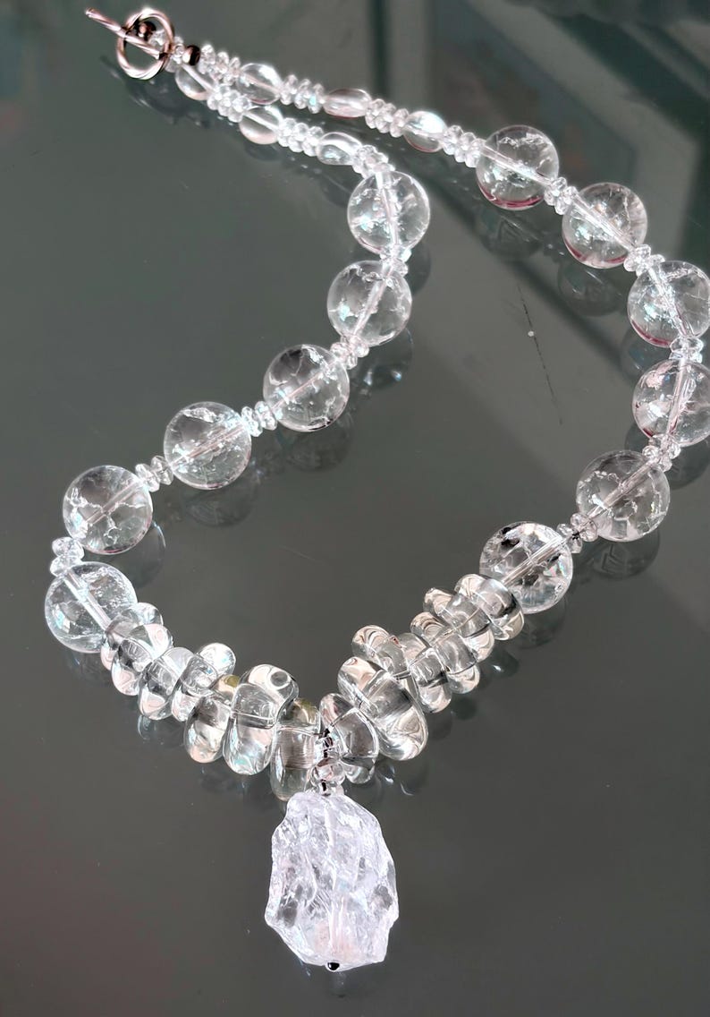 Rosalynn - Rock Crystal necklace with artisan glass beads, sterling silver clasp. Necklace and earrings. image 4