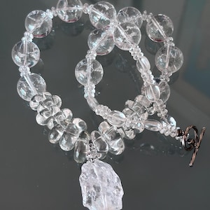 Rosalynn - Rock Crystal necklace with artisan glass beads, sterling silver clasp. Necklace and earrings. image 1