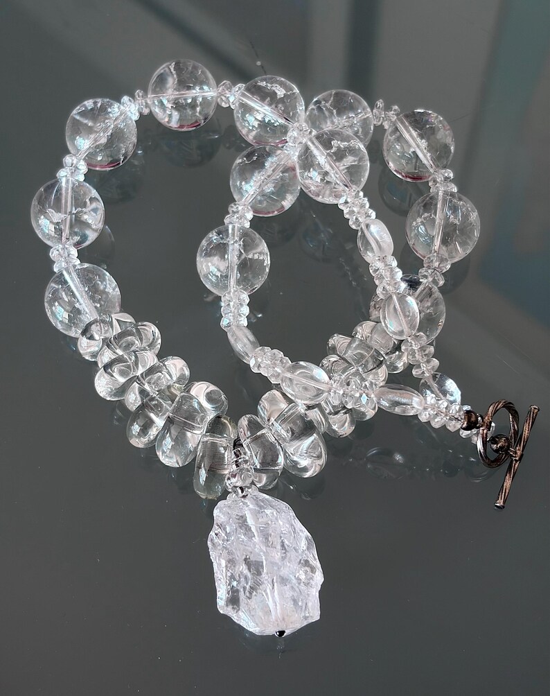 Rosalynn - Rock Crystal necklace with artisan glass beads, sterling silver clasp. Necklace and earrings. image 1