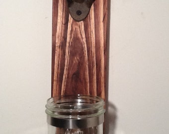 Rustic Wooden Wall Bottle Opener with Cap Catcher: Man Cave Decor