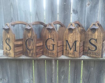 Groomsmen gift wedding Five (5) Personalized Engraved Rustic 6-pack beer bottle carrier 12 oz  wood tote new birthday fathers valentinesday