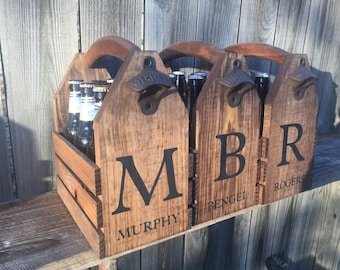 Personalized Groomsmen Beer Carrier: Engraved Rustic Wood 6-Pack Tote