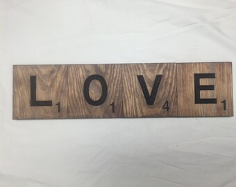 Big large scrabble tiles wall decor LOVE engraved accents walnut Valentine's Day gift