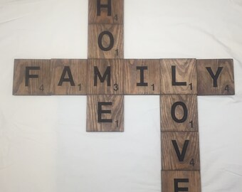 Engraved Scrabble Tiles: Walnut Stained Wall Decor