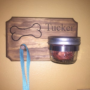 Personalized rustic pet dog treat and leash holder mason jar bone engraved name jar and hook image 1