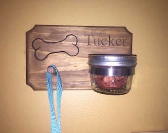 Personalized Dog Treat & Leash Holder: Rustic Engraved Mason Jar