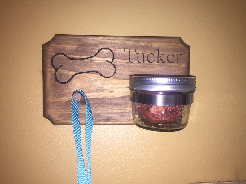 Personalized rustic pet dog treat and leash holder mason jar bone engraved name jar and hook image 1