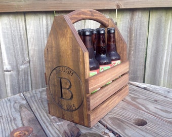 Personalized Rustic Wood Beer Bottle Carrier: Engraved Groomsman Gift