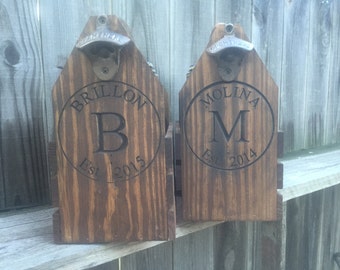 Two 2 personalized engraved beer carriers both names and initial wedding gift groomsman best man gift.